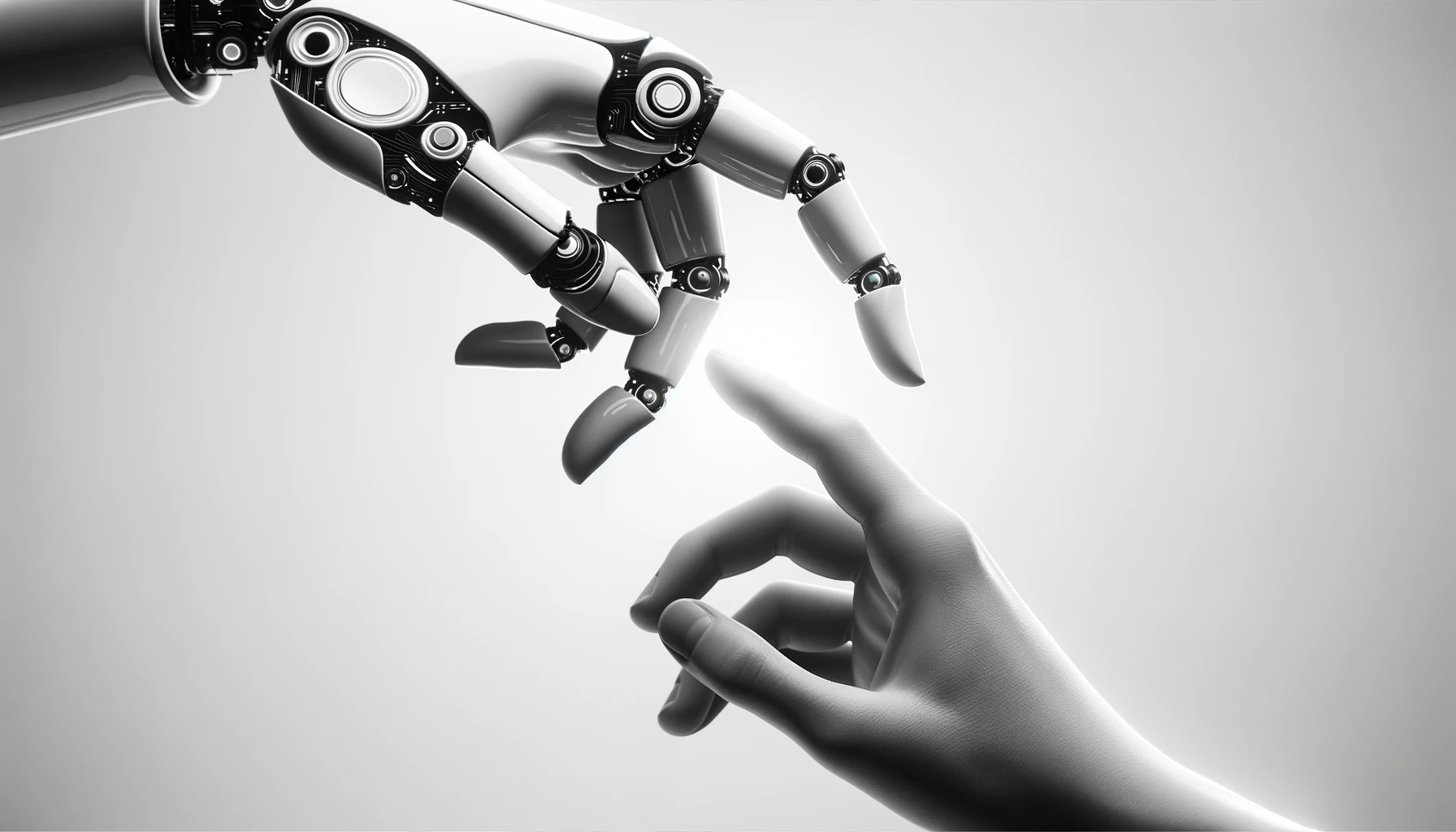 Minimalistic illustration of a humanoid robot hand and a human hand touching, symbolizing the interaction and integration of artificial intelligence with human life, in black and white.