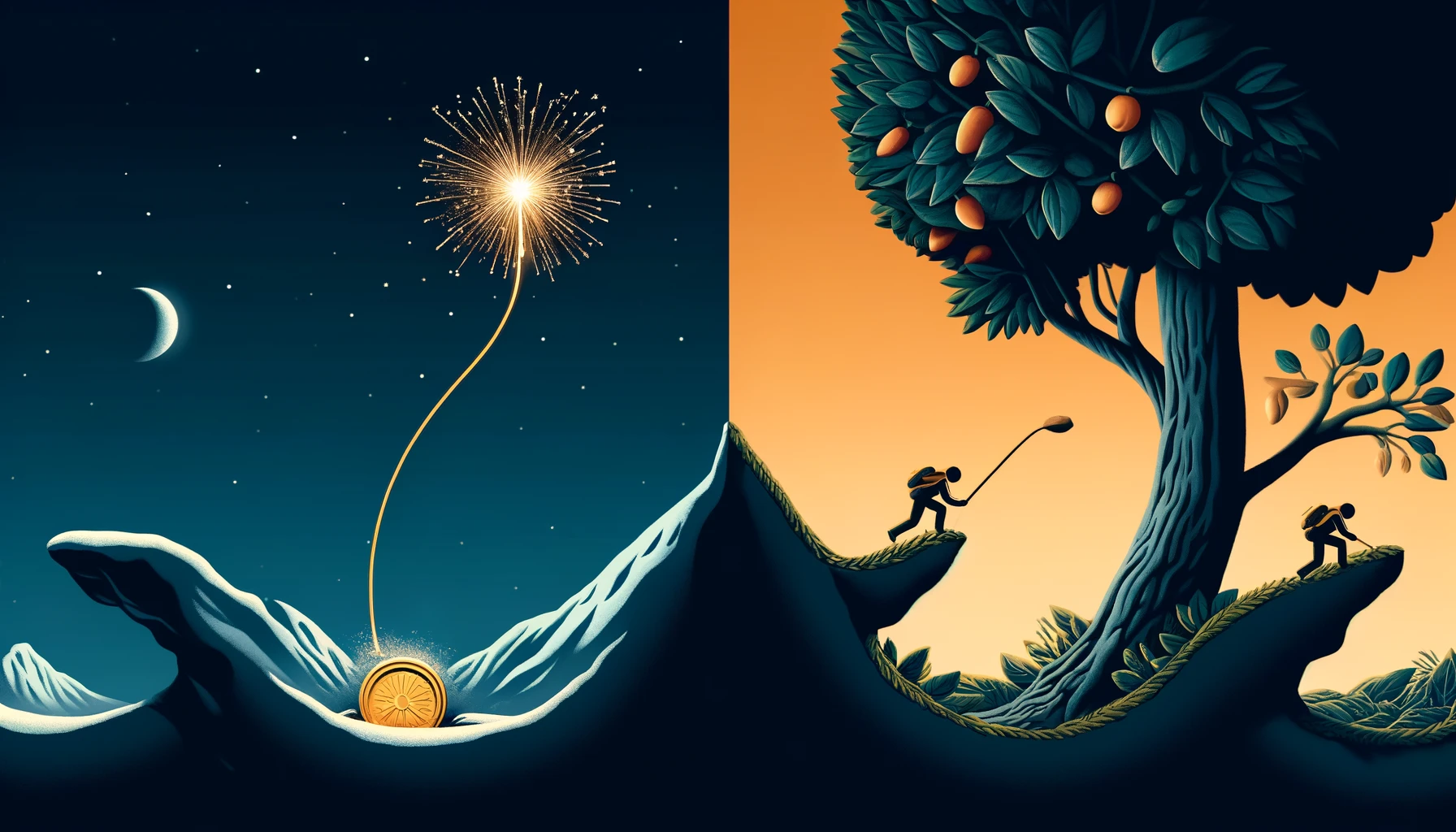 Visual contrast between instant gratification, depicted as a burst of fireworks, and long-term rewards, symbolized by a fruit-bearing tree and a mountain climber reaching a summit, illustrating the balance between short-term pleasure and lasting achievements.