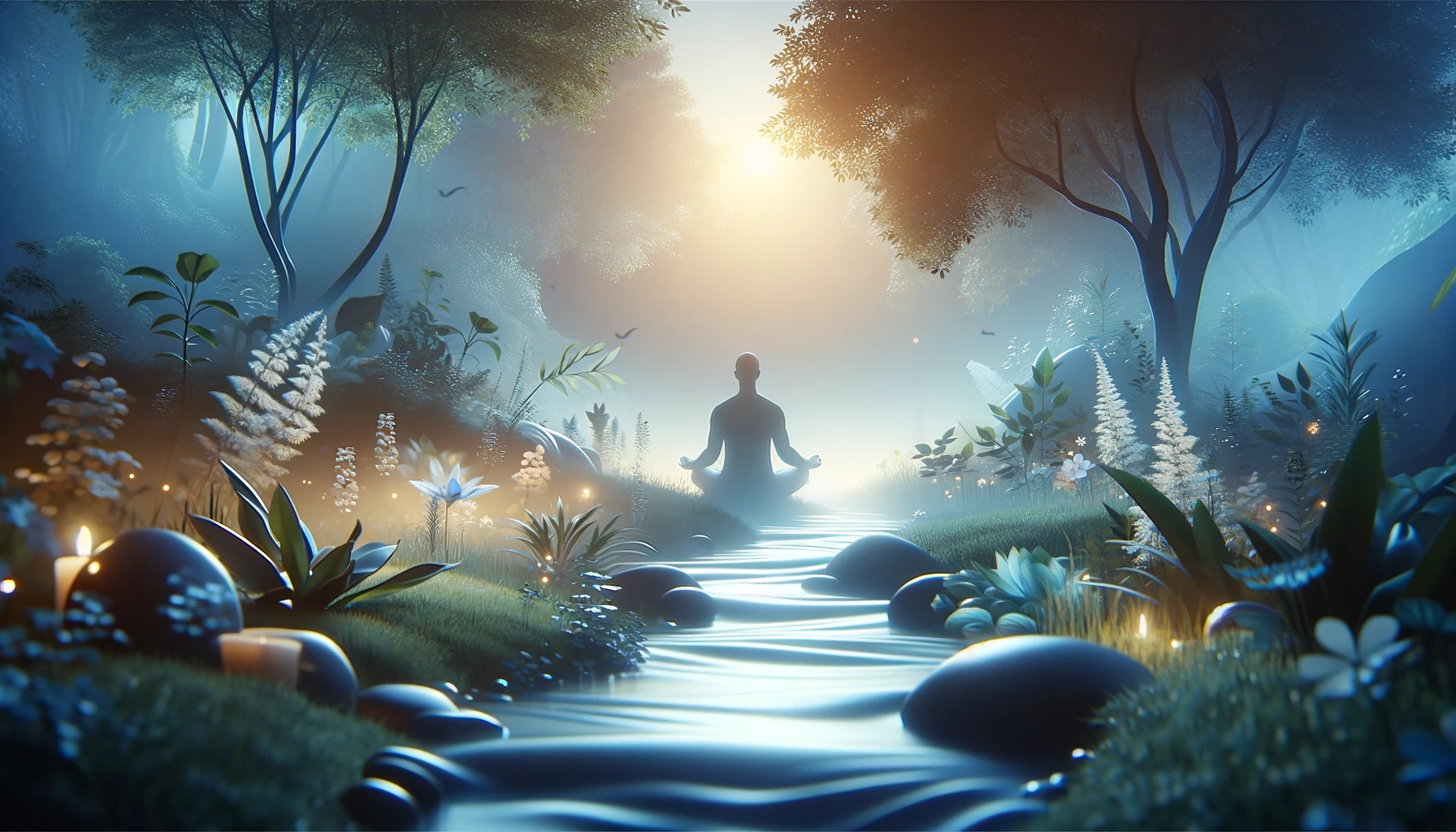 Image illustrating mindfulness, with a person sitting in a peaceful meditation pose surrounded by nature and a calm blue sky.
