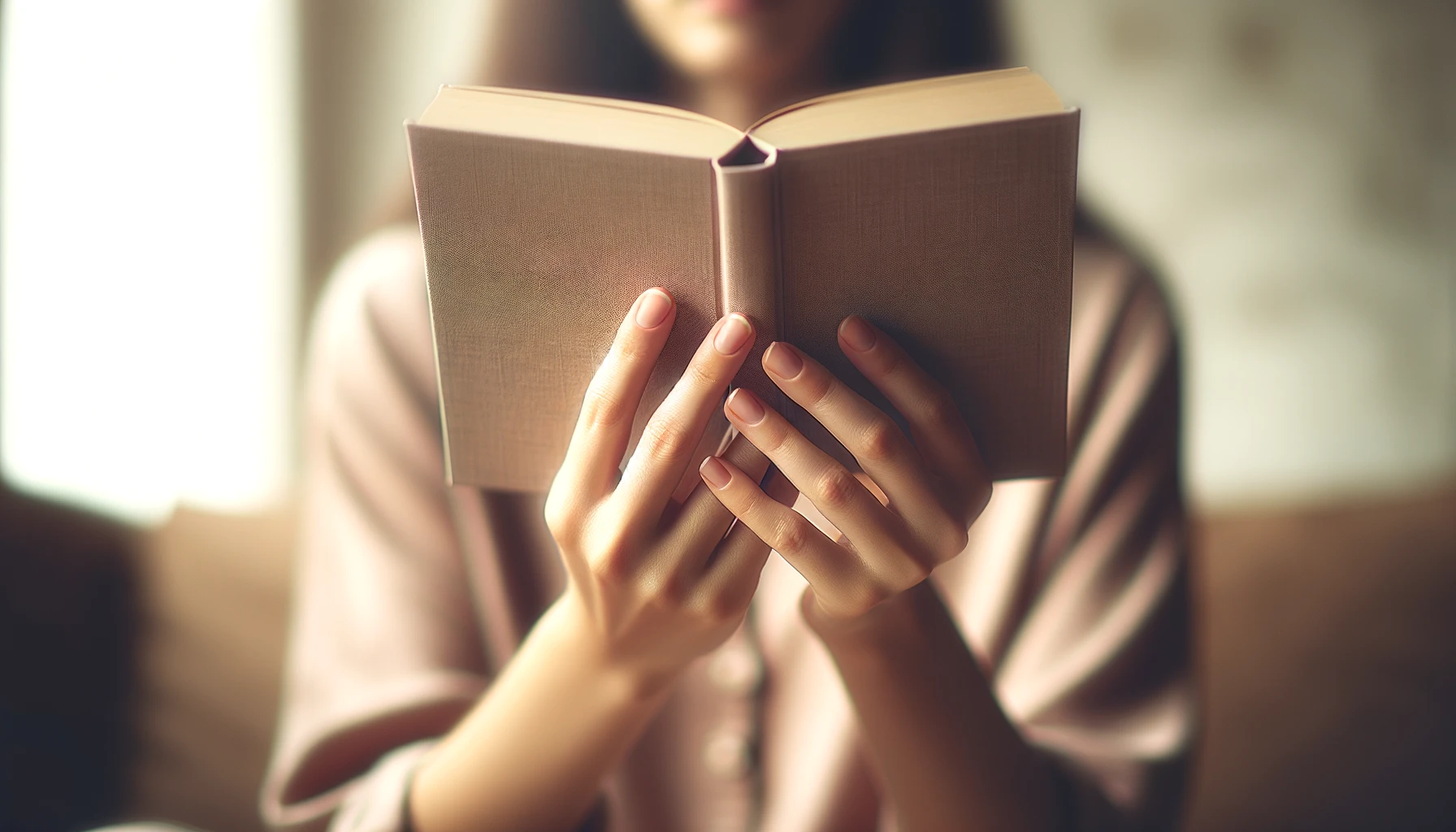 A minimalist image showing a person in a softly blurred background, subtly holding a book. The focus is on the act of reading, with minimal emphasis on the person's hands and fingers, capturing the essence of being engrossed in a book.