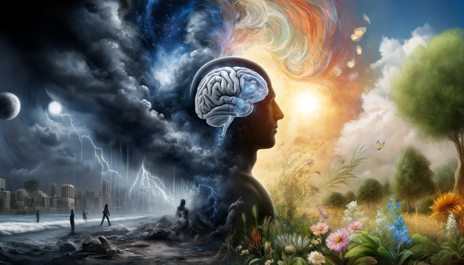 An image depicting the effects of trauma on the mind and body, with a central figure split between stormy clouds and healing light, set against contrasting urban and natural backdrops.