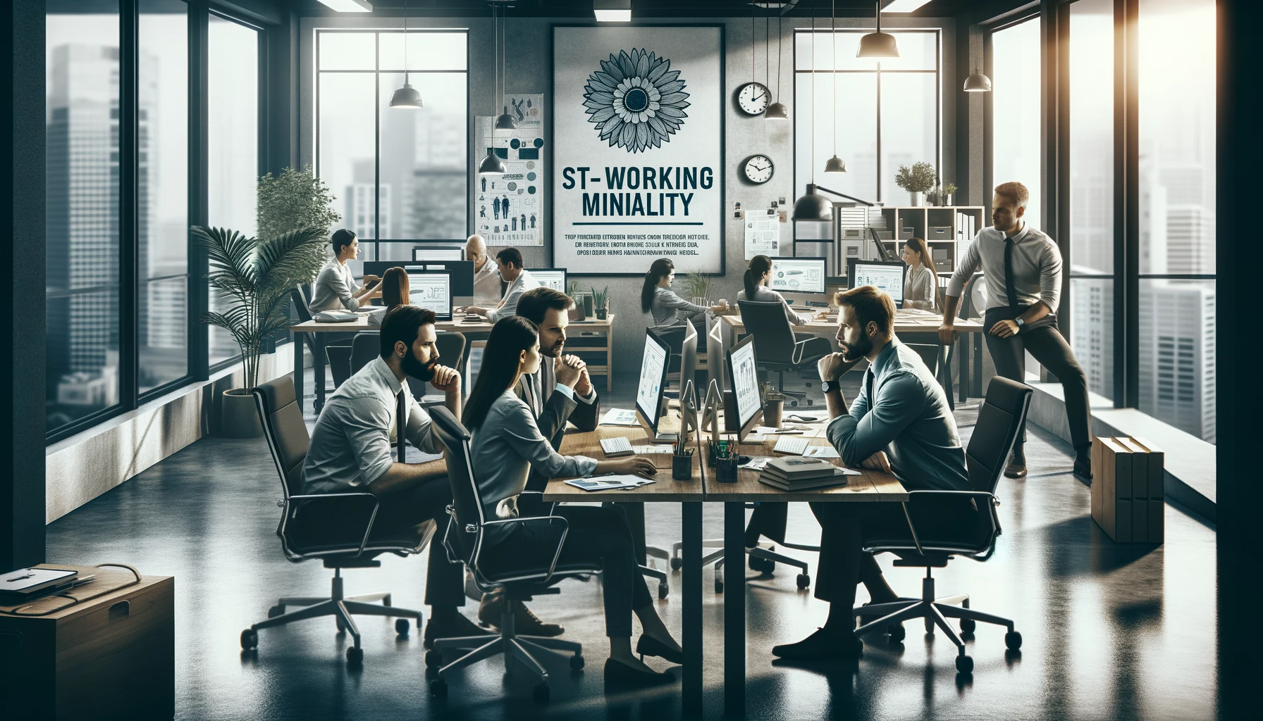 mage of a modern office space with focused individuals at workstations, engaging in collaborative discussions and proactive problem-solving, symbolizing productivity, professionalism, and teamwork in a corporate environment.
